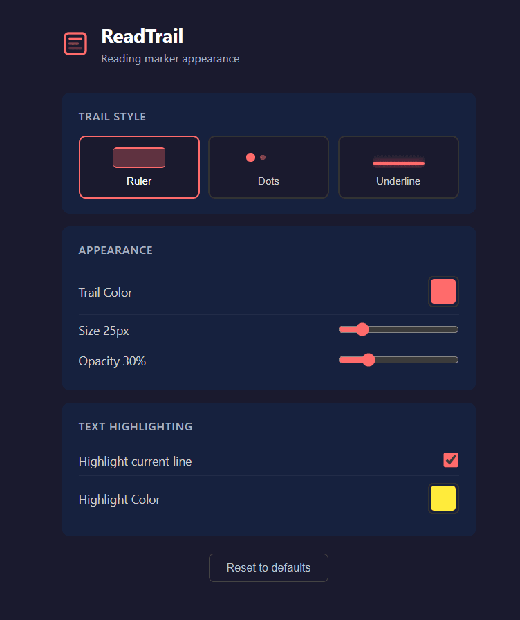 readTrail appearance settings