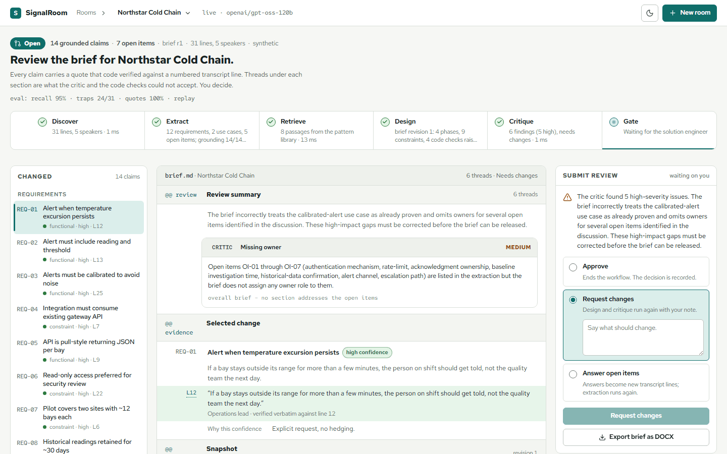 The SignalRoom review workspace: changed claims, the brief on a line-number gutter, and the review panel